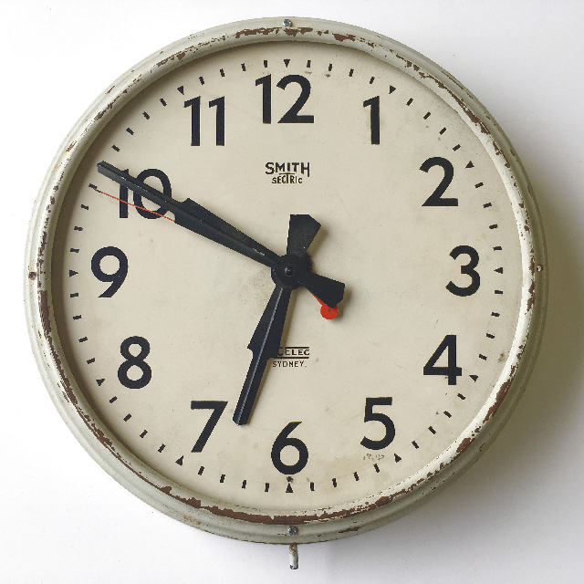 CLOCK, Wall Mount - 1940s Cream Metal Smiths 36cmD